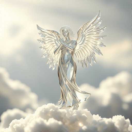 The image depicts a highly detailed, computer-generated 3D rendering of a crystal-like angel statue. The angel, with long flowing hair, is adorned in a flowing gown that cascades down to her feet. She has large, intricate wings that extend from her back, with feathers that taper to sharp points. The angel's hands are clasped together in front of her chest, and her eyes are closed, giving her a serene expression. The statue appears to be made of clear crystal or glass, with a silver hue that reflects light beautifully. She stands on a fluffy, cloud-like surface, which is also rendered in a crystal-like texture. The background features a blurred sky with hints of blue and white clouds, adding to the ethereal and dreamlike quality of the scene.