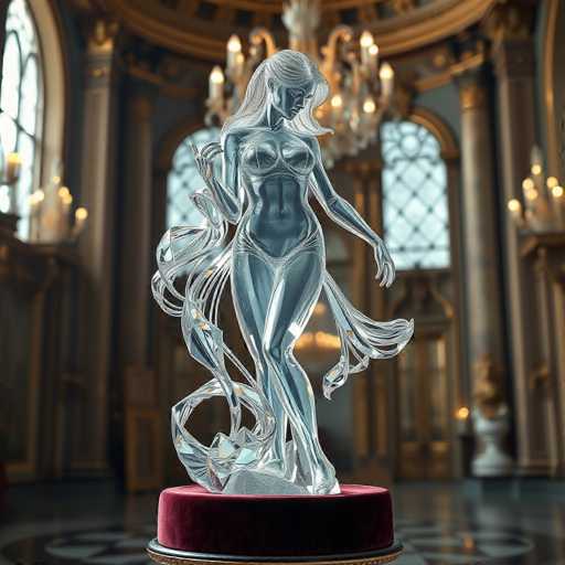 The image shows a glass sculpture of a woman's body with her arms outstretched and legs apart, positioned on a red velvet base. The sculpture is illuminated by chandeliers hanging from the ceiling in an ornate room with gold accents and large windows that allow natural light to enter.