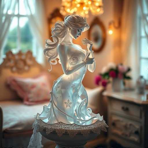 The image depicts a detailed and elegant scene centered around a striking glass sculpture of a mermaid. The mermaid, with long, flowing blonde hair and a tiara, is dressed in a sheer, white gown adorned with intricate lace and floral patterns. She is gracefully posed, looking down at her clasped hands, with one hand slightly raised. The sculpture is illuminated from within, giving it a glowing, ethereal appearance.

The mermaid stands on a white pedestal with a doily-like top, which is placed on a table. The background of the image is slightly blurred, creating a soft focus that highlights the mermaid. Behind her, there is a white couch with a pink pillow, and to the right, a white dresser with a vase of pink and white flowers. The room features white curtains and a window, adding to the bright and airy atmosphere. Additionally, there is a chandelier hanging from the ceiling, contributing to the overall sophisticated ambiance of the scene.