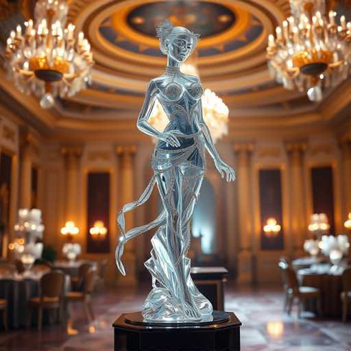The image depicts an opulent ballroom, exuding grandeur and elegance. At the center of the room stands a striking statue, seemingly crafted from crystal or glass, with intricate details that capture the eye. The statue portrays a woman with her hair elegantly styled in a bun, adorned with a delicate flower. She is dressed in a flowing gown that cascades down to her feet, and her attire is accentuated by a series of diamond-like straps that wrap around her torso, adding a touch of sparkle and sophistication.

The ballroom itself is a marvel of architectural design. The ceiling is particularly noteworthy, featuring a series of concentric circles that draw the gaze upward. The innermost circle is a deep blue, encircled by a golden ring, which is then bordered by another blue ring, creating a mesmerizing pattern that repeats outward.

Illuminating the space are three grand chandeliers, each adorned with numerous lights that cast a warm, inviting glow throughout the room. The walls are lined with elegant sconces, further enhancing the room's ambient lighting. In the background, tables are set up with chairs neatly arranged around them, suggesting preparations for a grand event or gathering. The overall atmosphere of the ballroom is one of refined luxury and meticulous attention to detail.