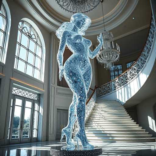 The image shows a large sculpture of a woman made entirely out of glass and metal. The sculpture is positioned on a pedestal with a chandelier hanging above it. The room has white walls and a high ceiling, creating an elegant atmosphere.