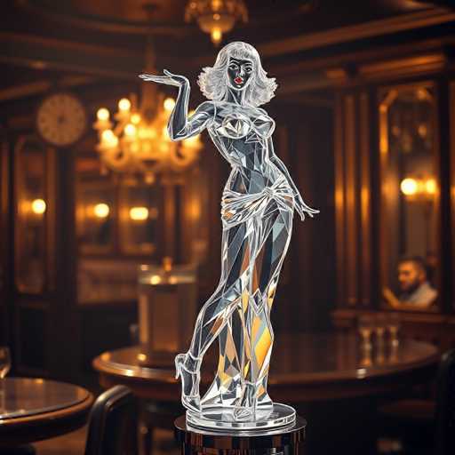 A glass sculpture of a woman with blonde hair and red lips is displayed on a black pedestal in the center of a dimly lit room. The sculpture is positioned on a wooden table surrounded by chairs.