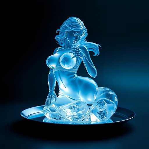 A captivating image features a striking blue statue of a woman, set against a dark blue background. The statue, which appears to be crafted from a material resembling ice or glass, is illuminated from within, giving it a glowing effect. The woman is depicted in a kneeling position, with her right hand resting on the ground and her left hand placed on her chest. She gazes downward, her long hair cascading around her shoulders. Her body is intricately detailed, with a visible belly button and a unique feature where her right nipple appears to be covered by a small ball. The statue's left breast is exposed, adding to the overall allure of the piece. Surrounding her are several large, clear ice-like spheres, enhancing the ethereal and mystical atmosphere of the scene.