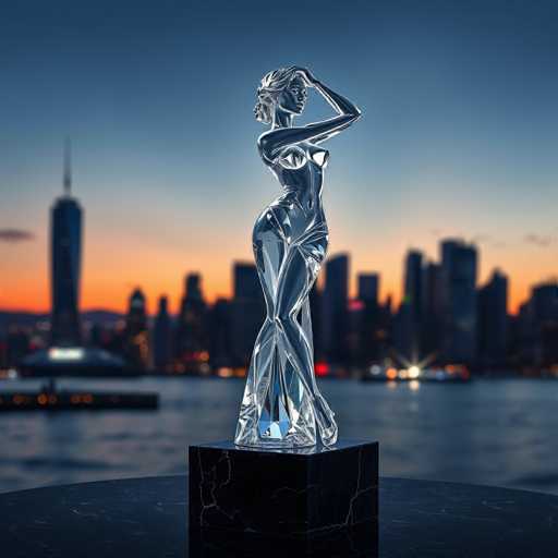 The image shows a glass sculpture of a woman standing on a black pedestal with her arms raised and legs crossed. The sculpture is illuminated from below, casting a soft glow that highlights its intricate details. In the background, there are tall buildings under a dark blue sky, suggesting an urban setting.
