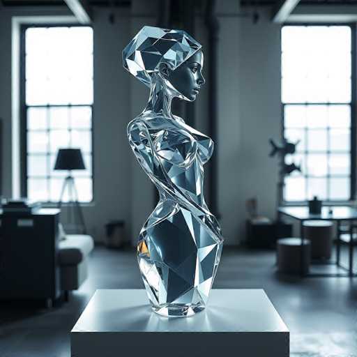 The image features a striking glass sculpture of a woman, meticulously crafted to capture the essence of femininity. The sculpture is composed of numerous small glass pieces, giving it a mosaic-like appearance. The woman's head is turned to the right, showcasing her delicate facial features, including a visible eye, nose, and mouth. Her hair is styled in a short, geometric cut, adding a modern touch to the classical form.

The sculpture's arms are elegantly crossed over her chest, with her hands resting on her right hip, accentuating her slender figure. The artist has skillfully depicted the contours of her breasts, waist, and hips, emphasizing her graceful silhouette. The legs of the sculpture are not fully formed, ending in a rounded base that provides stability.

The glass figure stands on a white pedestal, which contrasts with the dark gray floor beneath it. In the background, a white wall features two large windows, each divided into nine panes of glass. The window on the left is adorned with a black lampshade on a tripod stand, while the right window has a black object positioned in front of it. The overall setting creates a serene and minimalist backdrop, allowing the sculpture to be the focal point of the image.