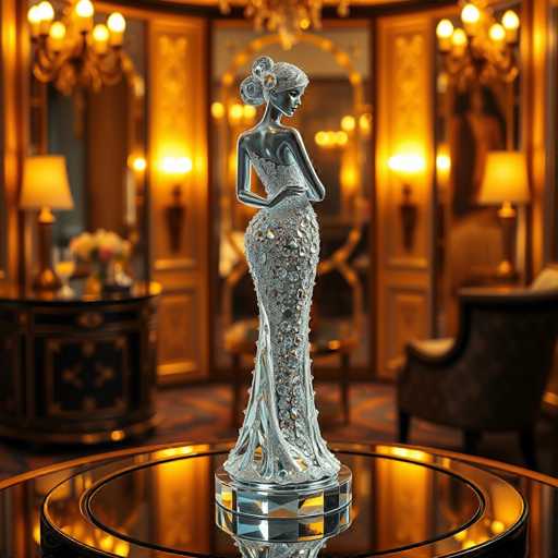 The image depicts a luxurious, opulent room with a central focus on a striking silver statue of a woman. The statue, which appears to be made of metal, stands on a clear glass pedestal atop a round glass table. The woman in the statue is elegantly posed with her left hand resting on her hip, her body turned slightly to the right, and her head tilted in the same direction. Her hair is styled in a bun adorned with flowers, and she wears a strapless, form-fitting dress that accentuates her curves, complete with a train that flows gracefully behind her.

The room itself exudes grandeur, featuring a dark brown carpet with intricate gold and blue patterns. To the left of the statue, there is a dark brown dresser with a gold base, topped with a lamp and a vase filled with flowers. On the right side, a dark brown chair with a high back and armrests adds to the room's sophisticated ambiance. The background is slightly blurred, revealing a large mirror with a gold frame that reflects the room's opulent decor, including additional lamps and chandeliers. The overall setting suggests a high-end, possibly vintage-inspired space, reminiscent of a luxurious bedroom or a grand living area.