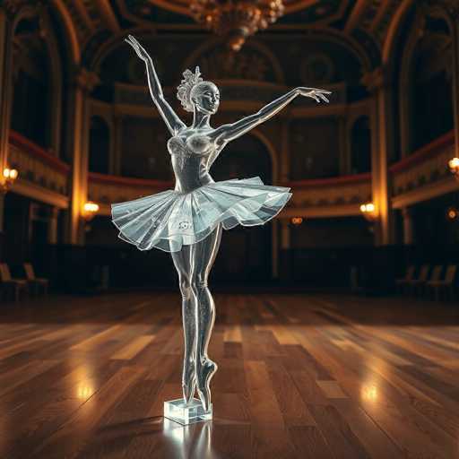 The image depicts a striking glass sculpture of a ballerina, standing gracefully on a wooden floor. The ballerina is poised on her toes, with her arms elegantly extended to the sides. She is adorned in a tutu that appears to be made of a different material than the rest of her body, adding a unique contrast to the sculpture. Her hair is styled in a bun, and she wears a delicate tiara, enhancing her ethereal appearance. The background is dimly lit, with a few scattered lights providing a soft ambiance. The setting appears to be an empty hall, possibly a theater or a dance studio, with no other people present. The overall scene is serene and focused, highlighting the beauty and artistry of the glass ballerina sculpture.