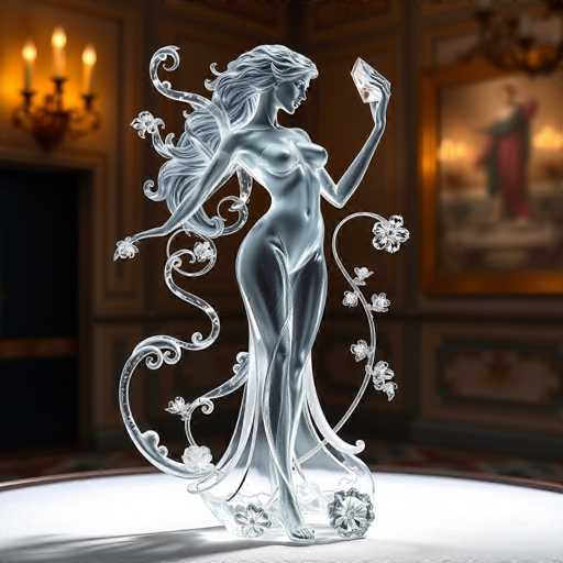 The image features a striking glass sculpture of a woman, meticulously crafted to capture the essence of femininity and elegance. The sculpture is predominantly clear, with a subtle bluish tint that adds depth to its transparent form. The woman is depicted in a graceful pose, her long hair cascading down her back, and her bare chest and breasts accentuating the sculpture's delicate beauty. Her arms are extended forward, holding an indistinct object that adds an element of mystery to the piece.

The woman's figure is adorned with intricate floral designs that seem to emerge from her form, enhancing the sculpture's ethereal quality. These flowers are particularly prominent around her waist and legs, creating a harmonious blend of nature and artistry. The sculpture stands on a white surface, which contrasts sharply with the dark background, drawing attention to the delicate details of the artwork.

In the background, a candelabra with three lit candles adds a touch of warmth and sophistication to the scene. To the right, a framed painting of a man in a red robe hangs on the wall, further enriching the composition with its classical presence. The overall setting creates a serene and contemplative atmosphere, perfectly complementing the elegance of the glass sculpture.