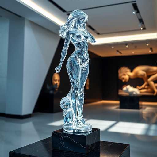 The image shows an art gallery with a glass sculpture of a woman's body on a black pedestal. The sculpture is illuminated by natural light streaming through the windows and casts a soft glow around it. In the background, there are other sculptures and paintings displayed in the room.