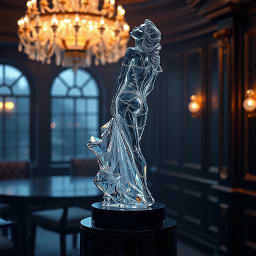 The image showcases a stunning glass sculpture of a woman, meticulously crafted to capture the essence of movement and grace. The sculpture, made entirely of clear glass, depicts a woman in a dynamic pose, her body twisted as if she is dancing. She is adorned in a flowing dress that cascades around her, adding to the fluidity of the piece. The woman's head is tilted back, her face turned upwards, exuding a sense of elegance and freedom. Her long hair is sculpted with intricate detail, flowing down her back and adding to the sculpture's overall grace.

The glass figure stands on a sleek black pedestal, which contrasts beautifully with the transparent material of the sculpture. The setting appears to be a sophisticated room, possibly a dining area, with a large, ornate chandelier hanging from the ceiling. The chandelier is illuminated, casting a warm glow that enhances the ambiance of the space. In the background, there are two large windows with rounded tops, allowing natural light to filter in. The room features a dark wooden table and matching chairs, adding to the elegant and refined atmosphere. The walls are adorned with wooden paneling, contributing to the room's classic and luxurious feel.