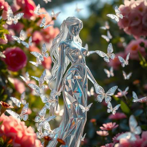 This image showcases a stunning, computer-generated depiction of a silver, crystalline statue of a woman. The statue is intricately detailed, with her body adorned in a series of diamond-shaped crystals that shimmer in various hues of blue, red, and orange. Her long, flowing hair is a striking blend of white and silver, cascading down her back. The statue's face is serene, with closed eyes and a gentle smile, exuding a sense of tranquility.

The figure's arms are elegantly positioned, with her hands resting on her hips, and her legs are gracefully posed, though the lower part of her legs is not visible. The statue's crystal body is meticulously crafted, with a noticeable texture that enhances its realistic appearance.

Surrounding the statue, a multitude of butterflies in shades of white, blue, and gray flutter around, adding a dynamic and magical element to the scene. The background is a lush tapestry of green leaves and vibrant flowers, with roses in various shades of pink, red, and white, creating a rich and colorful backdrop that complements the statue's ethereal beauty.