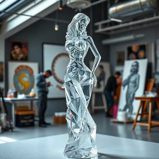 This photograph captures a striking ice sculpture of a woman, meticulously crafted to highlight her curvaceous figure. The sculpture is composed of numerous small, square pieces of ice, giving it a mosaic-like appearance. The woman's pose is dynamic, with one leg bent and the other straight, and her left arm resting on her hip. Her long hair cascades down her back, adding to the sculpture's elegance. The ice is transparent, allowing light to pass through and create a mesmerizing play of reflections and shadows.

The sculpture is displayed on a pristine white table, which contrasts sharply with the gray floor beneath it. In the background, the setting appears to be an art studio, evidenced by the presence of several artists engaged in their work. One artist is bent over, examining a piece of art, while another stands nearby, observing the ice sculpture. The studio is filled with various artworks, including a notable black and white drawing of a woman on a canvas. The walls are painted a dark gray, and the ceiling features a skylight that allows natural light to filter in, illuminating the space and adding to the artistic ambiance.