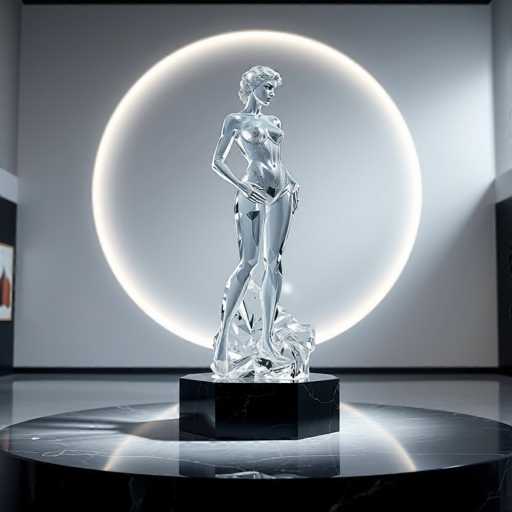 The image shows a glass statue of a woman standing on a pedestal with her arms crossed and legs apart. The statue is illuminated by a circular light source positioned behind it, creating a dramatic effect. The background features a white wall with a black frame, providing contrast to the transparent glass sculpture.