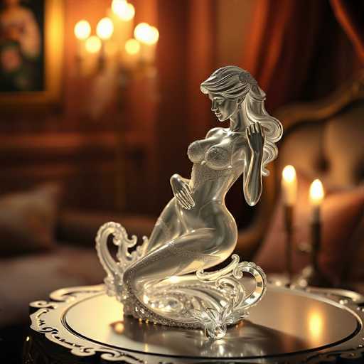This image features a detailed glass sculpture of a mermaid, prominently displayed on a round, silver table. The mermaid is depicted in a graceful pose, with her left hand raised to her face and her right hand resting on her stomach. Her long, flowing hair cascades down her back, adding to the sculpture's elegance. The mermaid's upper body is adorned with a delicate bra, while her lower body transitions into a fish tail, which is intricately designed to appear as though it is emerging from a splash of water. The sculpture is crafted from clear glass, allowing light to pass through and enhance its translucent beauty.

In the background, a candelabra with lit candles adds a warm, ambient glow to the scene. The setting includes a brown couch and a painting on the wall, contributing to the cozy and sophisticated atmosphere. The overall composition highlights the mermaid sculpture as the focal point, emphasizing its intricate details and artistic craftsmanship.