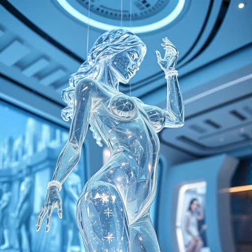 The image shows a sculpture of a woman made entirely out of glass. The sculpture is positioned on the left side of the frame and appears to be floating due to its transparent nature. The background features a blue wall with a circular pattern that adds depth to the scene. In the bottom right corner, there are two blurred figures present.