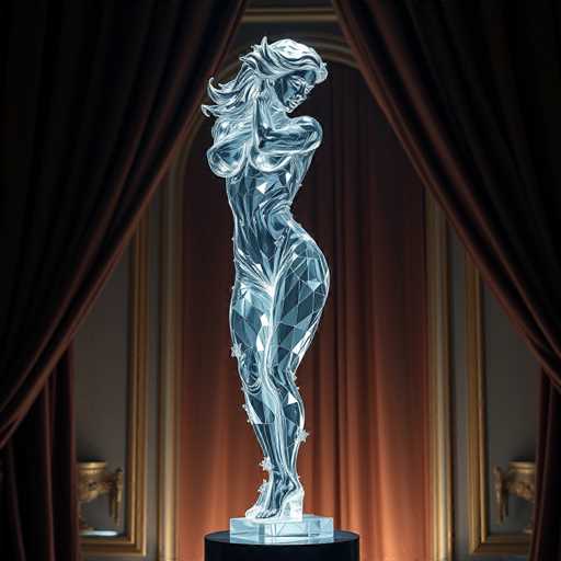 The image shows a glass sculpture of a woman's body with her arms crossed and legs apart, positioned on a black pedestal against a brown curtain backdrop.