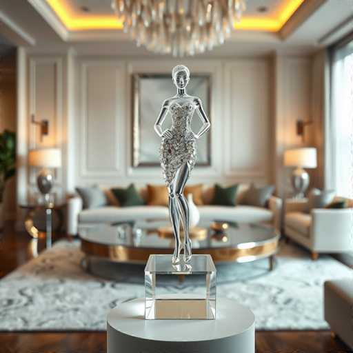 The image shows a crystal figurine of a woman standing on a pedestal with her arms crossed and legs apart. The figurine is placed on a white marble base that rests on a beige carpeted floor in what appears to be an upscale living room setting. In the background, there are two couches facing each other against a wall adorned with a large mirror above them.