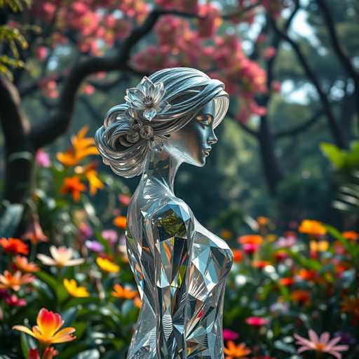 The image shows a silver statue of a woman with long hair and a flower in her hair, standing in the center of a garden filled with colorful flowers. The statue is positioned on a pedestal, surrounded by an array of vibrant flowers that add to its beauty.