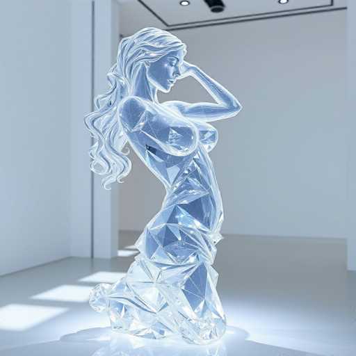 The image depicts a striking sculpture of a woman, crafted from a material that resembles either ice or glass, with a translucent, bluish-white hue. The sculpture is positioned in a modern art gallery, set against a stark white background with a matching white floor. The woman is portrayed in a dynamic pose, her body twisted to the right while her head is turned to the left, gazing downward. Her long, wavy hair cascades down her back, and her right arm is bent with her hand resting on her head. The sculpture captures the essence of a nude figure, with visible breasts and a defined waist that curves inward. The lower part of the sculpture is abstract and less defined, giving the impression of a dress or skirt made up of various geometric shapes. The overall effect is one of ethereal beauty and intricate craftsmanship, highlighted by the interplay of light and shadow in the gallery space.