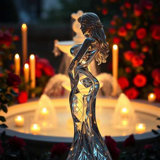 The image shows a silver statue of a woman with long hair and a flowing dress standing on the edge of a fountain surrounded by red roses. The statue is illuminated from above, casting a warm glow that highlights its intricate details. In the background, there are two white candles placed in front of the statue, adding to the romantic atmosphere of the scene.
