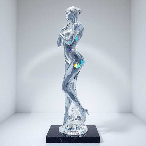 The image depicts a striking, modern sculpture of a woman, crafted from a material that appears to be either glass or polished silver. The statue stands on a sleek black base, which contrasts sharply with the white floor and walls of the room. The woman is depicted in a dynamic pose, with her right leg bent and her left leg extended, her foot resting on her right knee. She is adorned in high heels, and her arms are crossed over her chest, with her right hand gently touching her neck. Her hair is styled in a bun, and she gazes to the left. The sculpture is illuminated by a spotlight, highlighting its intricate details and creating a captivating play of light and shadow. The overall composition is minimalist, with the sculpture as the focal point against the stark white background, emphasizing its modern and artistic design.