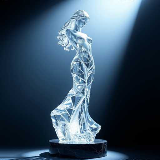 The image depicts a striking statue of a woman, seemingly crafted from crystal or ice, standing on a round, black marble base. The statue is illuminated by a spotlight, casting a dramatic light that accentuates its translucent, bluish-white hue. The woman's long, flowing hair cascades down her back, and she is posed with her head tilted downward, gazing at her right hip. Her body is intricately detailed, with her breasts exposed and her arms appearing to blend seamlessly into her torso. The statue's lower half is adorned with a flowing, dress-like garment that extends to the ground, with her feet appearing to emerge from the fabric. The background is a gradient of dark blue to black, enhancing the statue's ethereal and captivating presence.