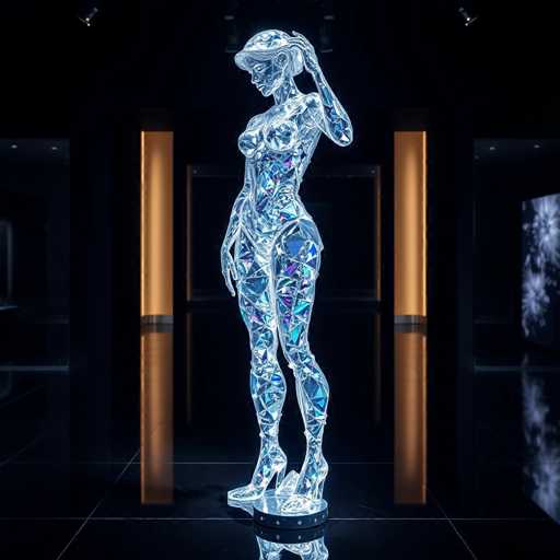 The image shows a sculpture of a woman made entirely of glass and metal. The sculpture is positioned on a black platform with its legs crossed and arms resting at her sides. The background features a hallway with orange walls that contrast with the dark floor.