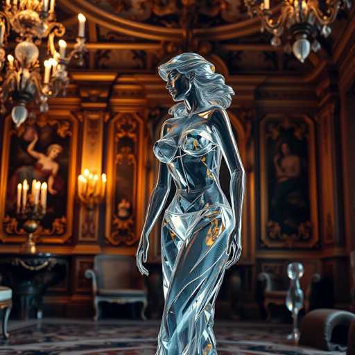 The image depicts a woman statue made of glass standing on a marble floor in an ornate room with gold accents and paintings on the walls. The room is filled with natural light from large windows that offer a view of trees outside.