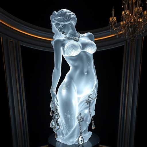 The image depicts a striking, translucent statue of a woman, resembling a piece of fine art. The statue, which appears to be made of glass or crystal, is illuminated from within, giving it a glowing, ethereal quality. The woman is depicted in a provocative pose, with her head tilted to the left and her body slightly turned to the right. She is adorned with a large, ornate necklace and bracelets on her right arm. Her hair is styled in a bun, and she wears dark lipstick. She is topless, with her breasts covered by a light blue, see-through garment that extends down to her waist. The statue's lower body is draped in a sheer cloth that cascades to the floor, revealing her bare legs. The background is predominantly black, with a dark gray, ornate archway featuring gold trim and a chandelier hanging from the upper right corner. The overall scene is set in a dimly lit, elegant room, enhancing the statue's luminous and delicate appearance.