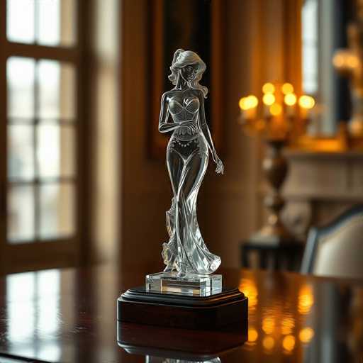 A glass figurine of a woman is displayed on a wooden table. The figurine has a clear glass body and a black base with gold accents. The background features a window with white curtains that allow soft light to enter the room.