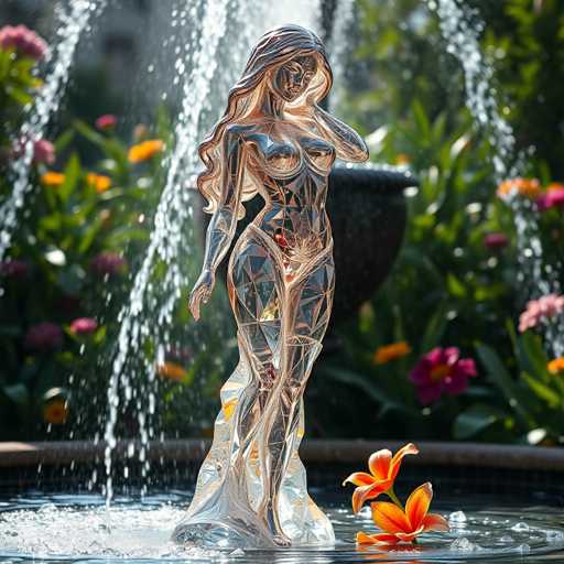 The image shows a bronze statue of a woman standing on one leg with her arms raised above her head, positioned next to a fountain that is spraying water into the air. The statue appears to be made of glass and is located in an outdoor garden setting surrounded by various flowers and plants.