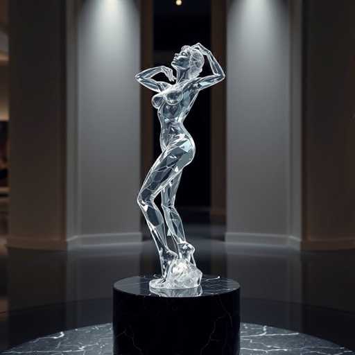 The image shows a glass sculpture of a woman standing on one leg with her arms raised above her head. The sculpture is placed on a black pedestal and is illuminated by spotlights, creating a dramatic effect that highlights the intricate details of the piece.