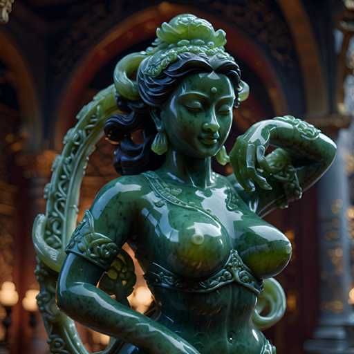 This image features a detailed statue of a Hindu goddess, likely made of jade or jade-like material, with a striking green color. The statue depicts a woman with long, flowing black hair adorned with a crown that appears to be made of leaves or flowers. She is wearing a very short, intricately designed dress that reveals her bare midriff and large breasts. Her eyes are closed, and she has a serene expression on her face. The statue's right arm is bent at the elbow, with her hand resting on her hip, while her left arm is raised, with her hand near her shoulder. Behind her, there is a large, ornate green archway that complements the statue's color. The background is blurred, but it suggests an indoor setting with a dark, possibly brownish hue. The overall composition highlights the statue's intricate details and the harmonious blend of green and black tones.