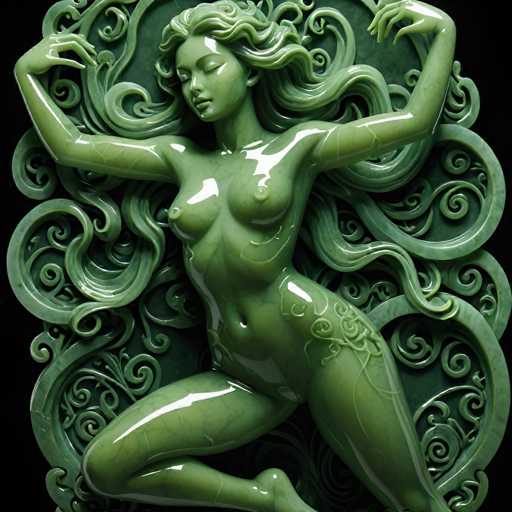 The image depicts a detailed, computer-generated sculpture of a naked woman made from a green material that resembles marble or jade. The sculpture is set against a black background, highlighting its intricate features. The woman is positioned with her left leg bent and her right leg extended, her arms raised and bent at the elbows with her hands near her head. Her long, wavy hair flows behind her, blending into the swirling, vine-like patterns that surround her. The sculpture captures her in a serene, almost meditative pose, with her eyes closed and her head tilted back. Her breasts are exposed, and there is a distinctive vine-like pattern on her left hip. The overall effect is one of delicate beauty and natural elegance.