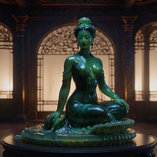 The image features a striking green statue of a woman, positioned on a round, black table. The statue is crafted from a shiny, reflective material, possibly glass or plastic, and depicts the woman in a seated pose with her legs crossed. She is adorned in a dress that leaves her arms and shoulders exposed, and her hair is styled in an elaborate updo. The statue's eyes are closed, and she wears long, dangling earrings. Her hands rest gently on her legs, and she appears to be seated on a leaf-like base. The background is dimly lit, revealing a large, ornate window with intricate designs and a brown frame. The room is otherwise dark, with the statue being the focal point of the image.