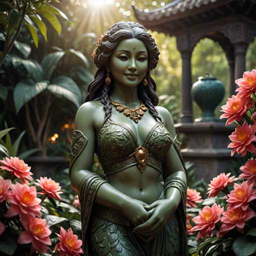 The image depicts a statue of a woman with green skin, standing in a lush garden. She is adorned in a detailed outfit that includes a green skirt with a scale pattern, a green bra top, and a green belt. Her ensemble is complemented by a golden necklace with a central pendant, large golden earrings, and a red dot on her forehead. Her long, wavy hair is styled with a braid on each side, and she has a slight smile on her face. The statue is positioned in front of a stone structure with pillars, and the garden around her is filled with pink flowers and various green plants. The scene is illuminated by sunlight, adding a serene and vibrant atmosphere to the image.