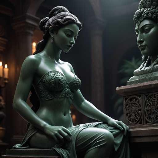 The image depicts a detailed statue of a woman, seemingly inspired by ancient Egyptian or Greek art. The statue, which appears to be made of a greenish-gray material, possibly marble or metal, portrays a woman with long, wavy hair styled in a bun. She is adorned with a small earring and is wearing a bra-like top that leaves her midriff exposed. Her skirt is draped elegantly over her lap, and she is seated on a bench. The woman's eyes are closed, and she gazes downward, exuding a serene expression. 

To her right, there is a bust of another woman, also with long hair, wearing a crown and a necklace. The background features a dimly lit room with large stone columns and a wall adorned with candles, adding to the ancient and mystical ambiance of the scene.