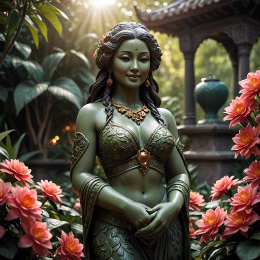 A statue of a woman with long dark hair and gold jewelry stands in the center of a garden filled with pink flowers. The statue is wearing a green dress that matches her hair color. In the background, there are trees and a building visible through the foliage.