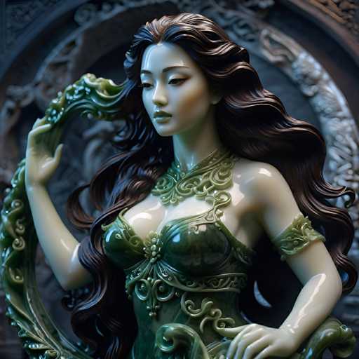 This image features a highly detailed, computer-generated statue of a woman with long, wavy brown hair. She is depicted in a green dress adorned with intricate swirls and floral patterns, which leaves her shoulders and arms bare. The statue's skin is a light tan color, and she has distinct Asian features, including slanted eyes and a small nose. Her right hand is raised, holding a green, leafy object that resembles a snake or a plant. The background is a dark gray, with a blurred, ornate archway that adds to the overall mysterious and elegant atmosphere of the scene.