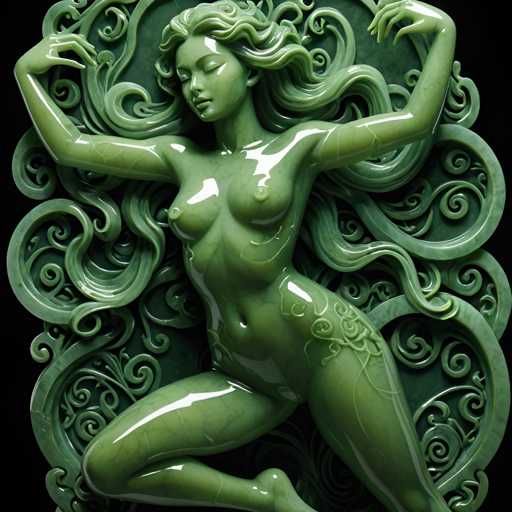 The image shows a green sculpture of a woman with long hair and a flowing dress. The sculpture is made from a material that appears to be either glass or ceramic, giving it an ethereal quality. The woman's pose suggests she is in the midst of a dance or movement, as her arms are raised above her head.