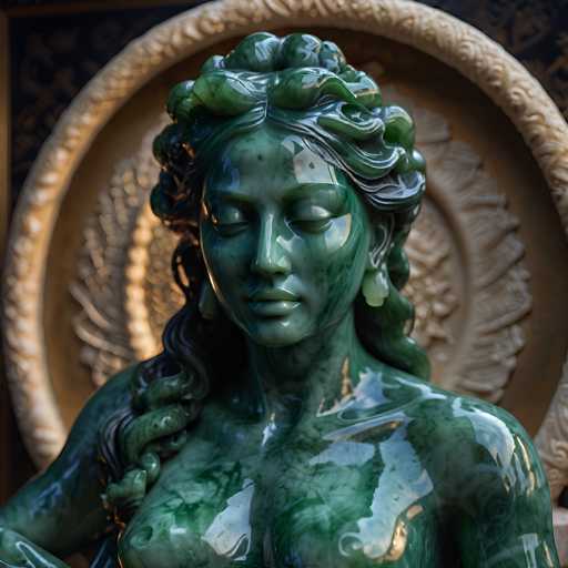 This image features a detailed statue of a woman, crafted from a material that appears to be either marble or glass. The statue is predominantly green, with varying shades that create a striking visual effect. The woman's eyes are closed, and her head is slightly tilted downward, giving her a serene and contemplative expression. Her hair is styled in an intricate updo, with sections cascading down the sides of her face. She is adorned with long, dangling earrings that add to her elegant appearance. The statue's chest is exposed, revealing the upper portion of her torso. Behind the statue, there is a large, circular object that resembles a plate or a decorative platter, adding an additional layer of depth and interest to the composition.