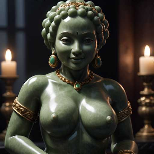 The image depicts a detailed statue of a woman, likely of Hindu or Buddhist origin, characterized by her serene expression and intricate adornments. The statue is made of a greenish-gray material, possibly jade or marble, and features a glossy finish. She has short, curly hair styled in tight ringlets, and wears a golden headband with a central jewel. Her eyebrows are painted brown, and she has a distinctive bindi on her forehead. She is adorned with large, green, circular earrings and a matching necklace with a central green jewel. The statue is topless, revealing her bare breasts, and she wears gold armbands on both arms. The background is dark, with two lit candles on golden candlesticks placed on either side of the statue, adding a warm glow to the scene.