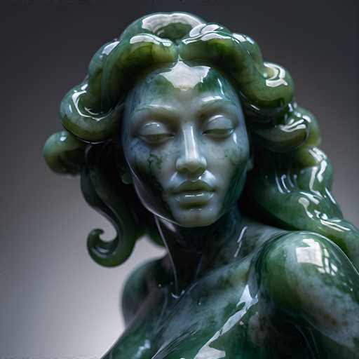 A close-up, detailed 3D rendering of a statue of Medusa, the Gorgon, made from green marble. The statue is in a close-up shot, focusing on the face and upper body of Medusa. Her hair is depicted as a mass of serpentine, coiling locks, with the marble showing subtle variations in color and texture. Her eyes are closed, giving her a serene or perhaps melancholic expression. The lighting highlights the curves and details of the marble, creating a sense of depth and realism. The background is a muted gray, drawing all attention to the intricate details of the statue.