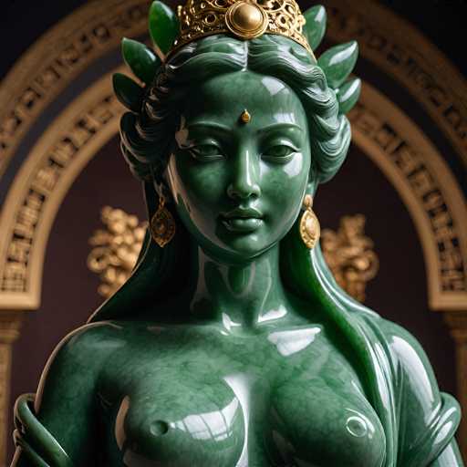 The image depicts a striking statue of a woman, seemingly crafted from jade or a similar green stone. The statue is adorned with a golden crown featuring a prominent round ball at its center. Her hair is styled in an elaborate updo, with intricate curls and waves cascading down. The statue's face is serene, with closed lips and eyes that appear to be either green or a very light blue. A distinct golden dot adorns her forehead, adding to the regal appearance. She wears large, ornate gold earrings that dangle elegantly from her ears. The statue's chest is exposed, revealing detailed contours of her breasts. In the background, there is a golden archway with intricate designs, though the details are somewhat blurred. The statue's arms are positioned behind her back, and she is draped in a flowing garment that extends from her neck to her waist, with the fabric elegantly wrapped around her arms.