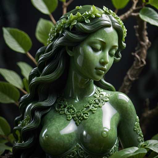 The image depicts a detailed statue of a woman, seemingly crafted from green marble or stone. The statue is adorned with intricate, curly hair that cascades down her back, and she wears a delicate crown made of leaves and flowers. Her eyes are closed, and her head is slightly tilted downward, giving her a serene and contemplative expression. The statue's skin is a vibrant green, with a texture that suggests it might be made from marble or a similar material. She is dressed in a leafy, nature-inspired top that complements the organic theme of the piece. The background is dark, which accentuates the statue's features and the surrounding greenery, including a tree branch and leaves that frame the statue. The overall composition highlights the statue's natural beauty and the harmonious blend of human form with elements of nature.