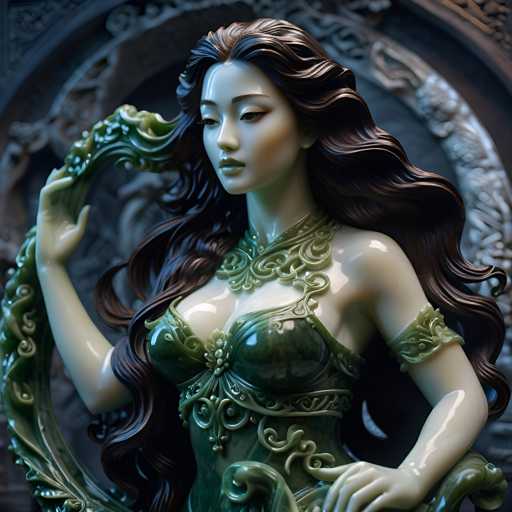 A statue of a woman with long dark hair and a green dress is the central focus of the image. The statue appears to be made from a shiny material that reflects light, giving it an ethereal quality. The background features a black and white patterned wall adorned with intricate designs.