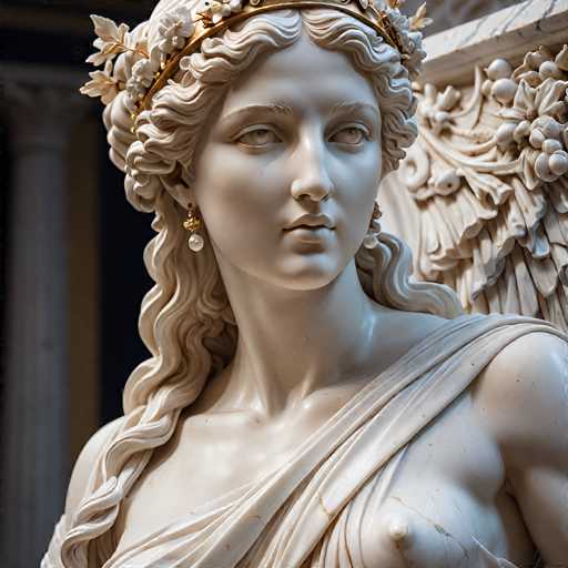 This image features a detailed statue of a woman, likely made of marble or plaster, with a smooth, white finish. The statue is depicted from the chest up, showcasing her long, wavy hair that cascades down to her chest. She is adorned with a gold crown embellished with white flowers and leaves, and wears elegant gold earrings with white pearls. Her attire includes a toga-like garment draped over her right shoulder, leaving her left shoulder and breast exposed. The statue's eyes are a striking light blue, and she gazes slightly to the right. The background is blurred, but hints at a white pillar and possibly a brown wall, suggesting an indoor setting. The overall composition highlights the statue's classical beauty and intricate details.