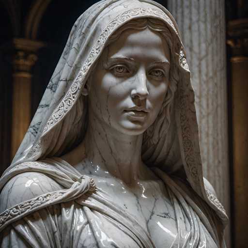 The image shows a close-up view of a statue of a woman with a white robe and headscarf. The statue is made of marble and features intricate details such as the folds in the fabric and the delicate design on her face. The background is dark, which contrasts with the lightness of the statue and draws attention to it.