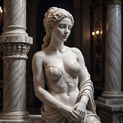 The image shows a white marble statue of a woman with long hair and a flowing skirt, seated on a pedestal. The statue is positioned between two columns, creating an interesting composition within the space. The background features a dark room with a chandelier hanging from the ceiling, adding to the overall ambiance of the scene.