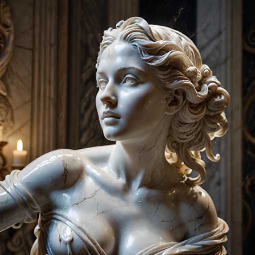 The image depicts a detailed marble statue of a woman, likely from ancient times, possibly Greek or Roman. The statue is predominantly white with intricate gold and brown veining, giving it a luxurious appearance. The woman's hair is styled in a wavy, curly fashion, reminiscent of Medusa, and it cascades down her back. She is adorned in a toga-like garment that drapes over her shoulders and chest, revealing her bare arms and the upper part of her breasts. Her face is serene, with a slight smile, and she gazes off to the left. The statue is set against a backdrop of ornate, dark brown marble walls, adding to the classical ambiance. A lit candle in a holder is visible on the left side of the image, casting a warm glow that enhances the statue's detailed craftsmanship.